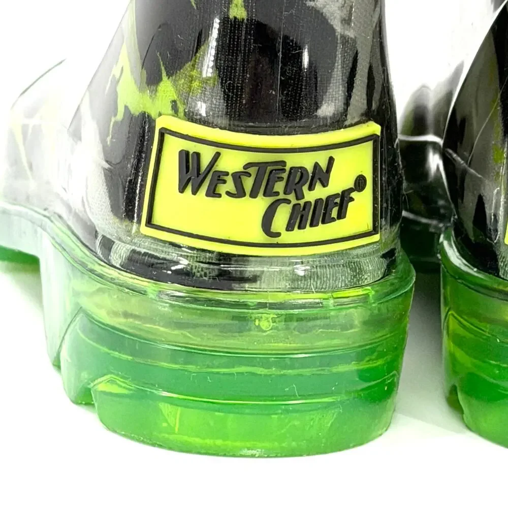 Western Chief Black Neon Green Dinosaur Light Up Waterproof Rain Boots